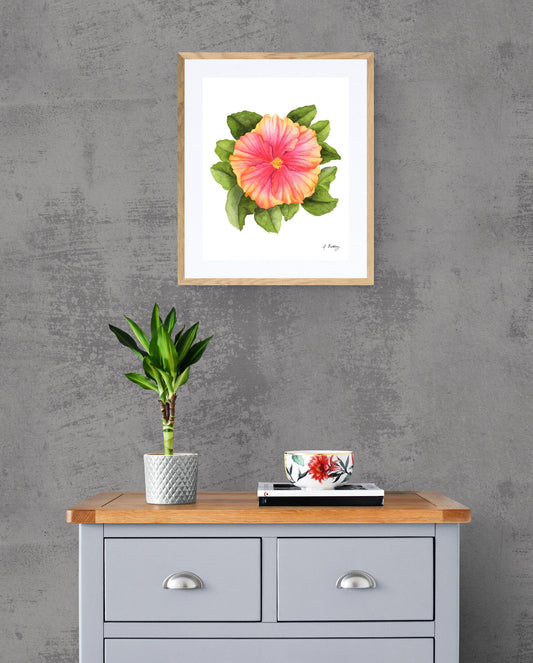 Leafy Coral Hibiscus Watercolor Print