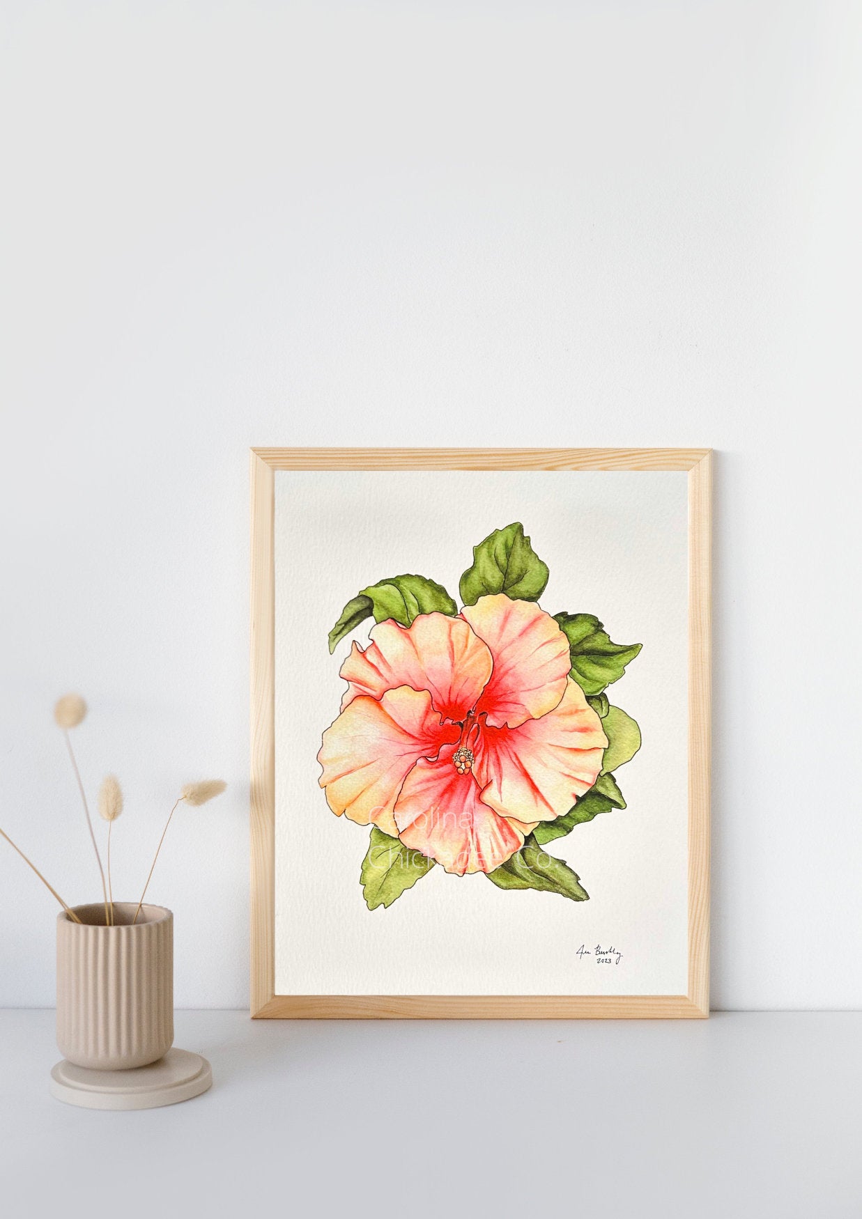 Coral Hibiscus Watercolor Print