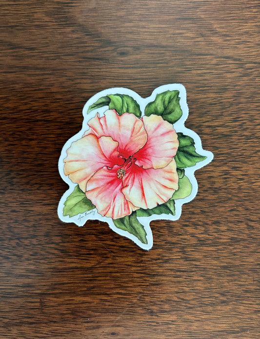 Coral Hibiscus Watercolor Vinyl Sticker