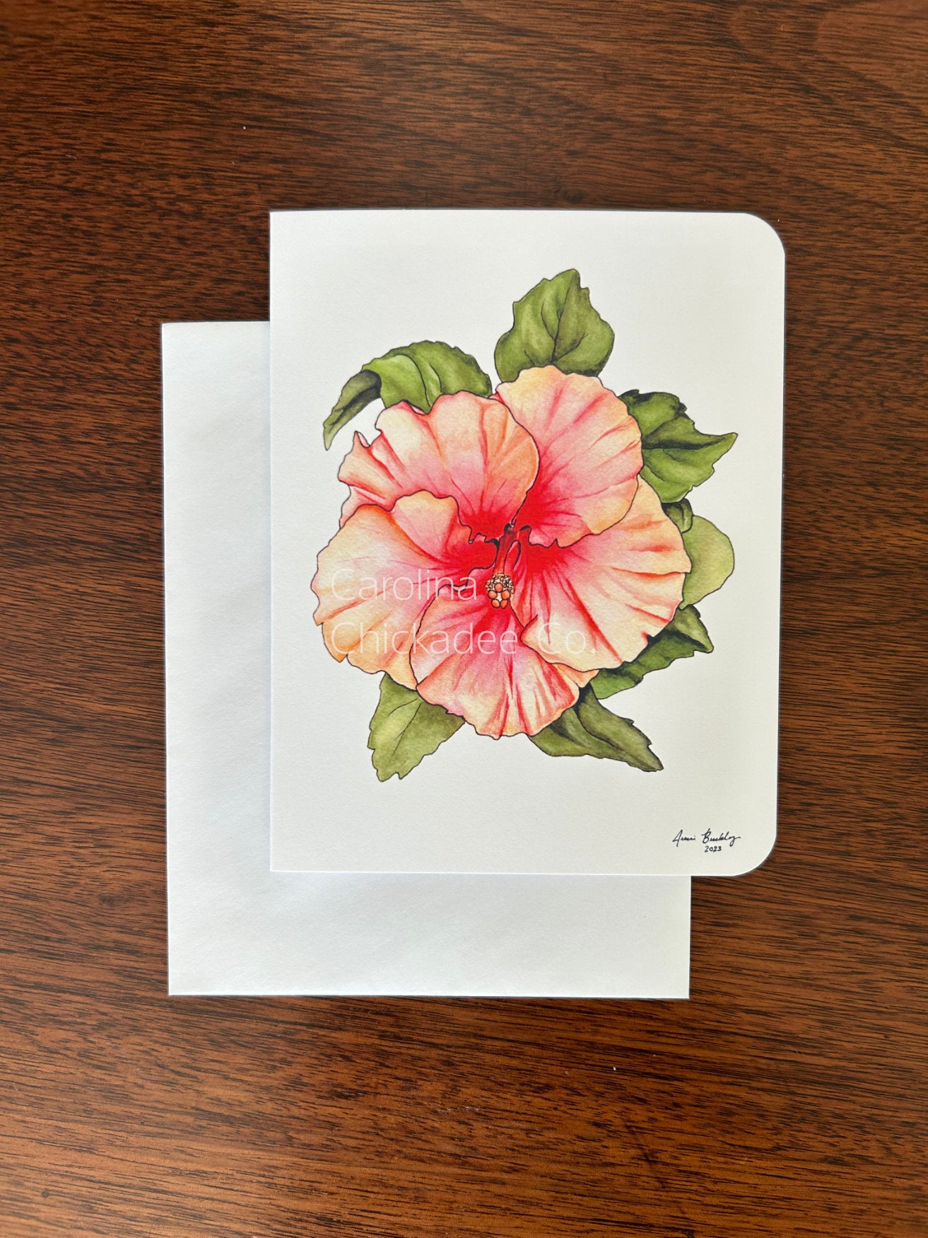 Coral Hibiscus Card