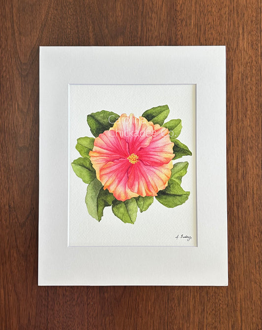 Leafy Coral Hibiscus Watercolor Print